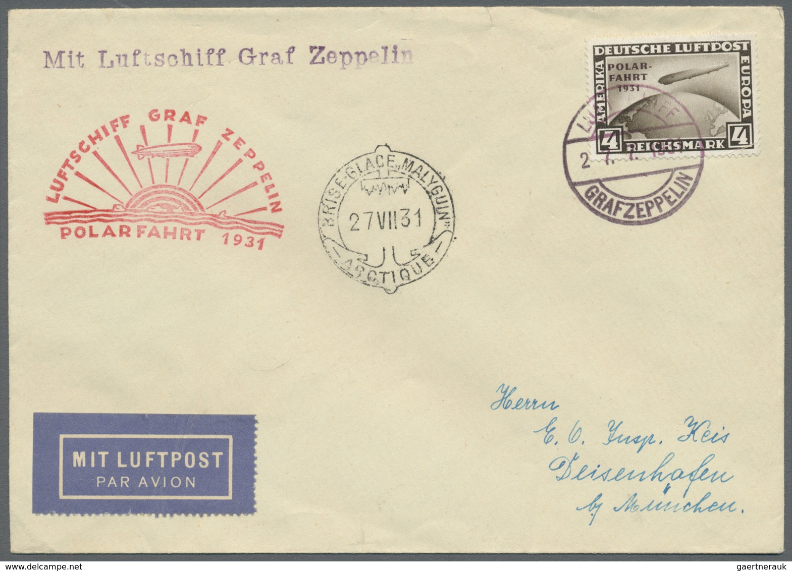 Br Zeppelinpost Deutschland: Polarfahrt 1931, 4 RM Auf Brief Nach Deissenhafen, Nebenstempel "Malygin" - Poste Aérienne & Zeppelin