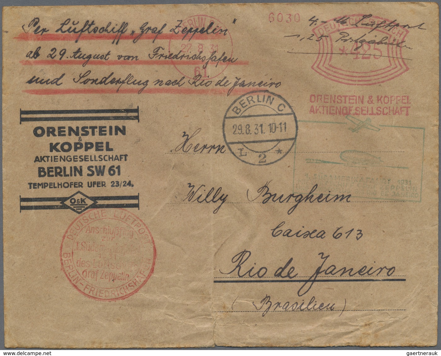 Br Zeppelinpost Deutschland: 1931, 1. Südamerikafahrt, Anschlußflug Berlin, Firmenbedarfsbrief Mit 425 - Poste Aérienne & Zeppelin