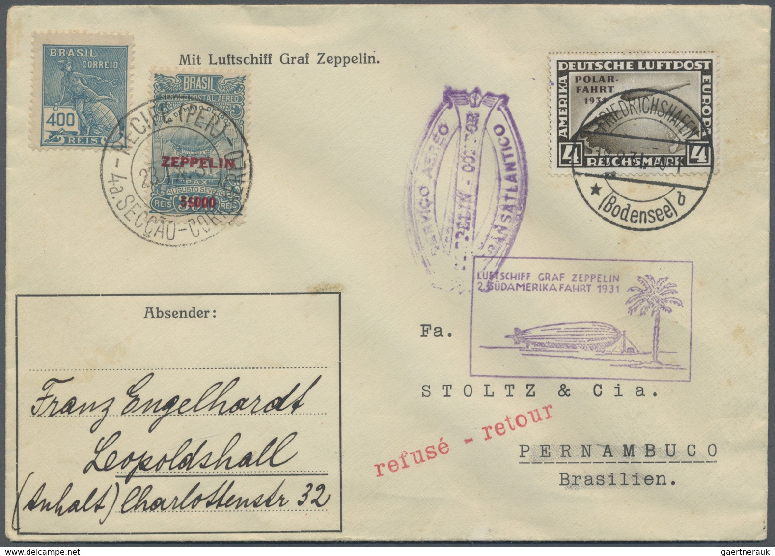 Br Zeppelinpost Deutschland: 1931, 2. Südamerikafahrt, Auflieferung Friedrichshafen Bis Pernambuco Mit - Luchtpost & Zeppelin