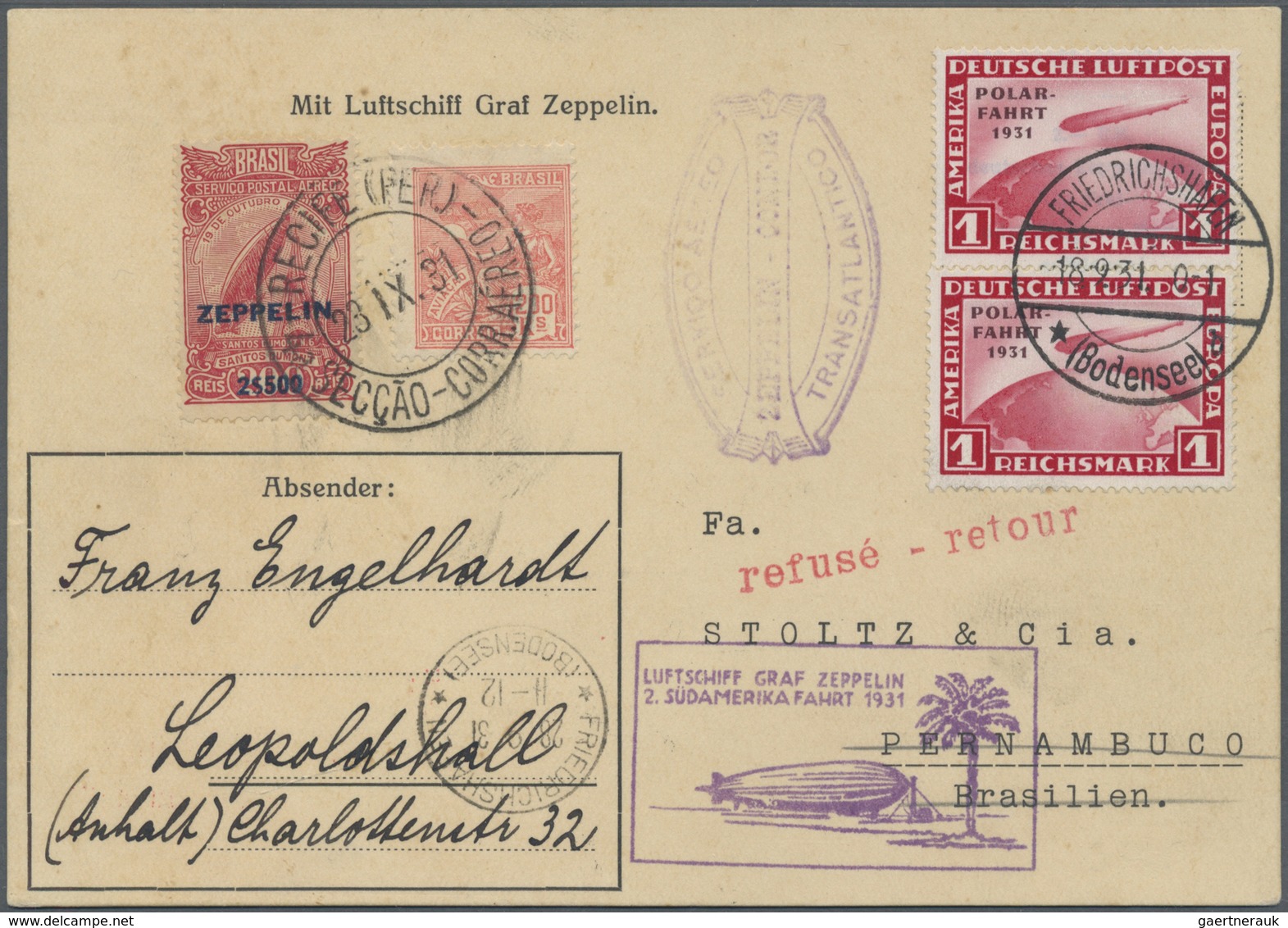 Br Zeppelinpost Deutschland: 1931, 2. Südamerikafahrt, Auflieferung Friedrichshafen Bis Pernambuco Mit - Poste Aérienne & Zeppelin