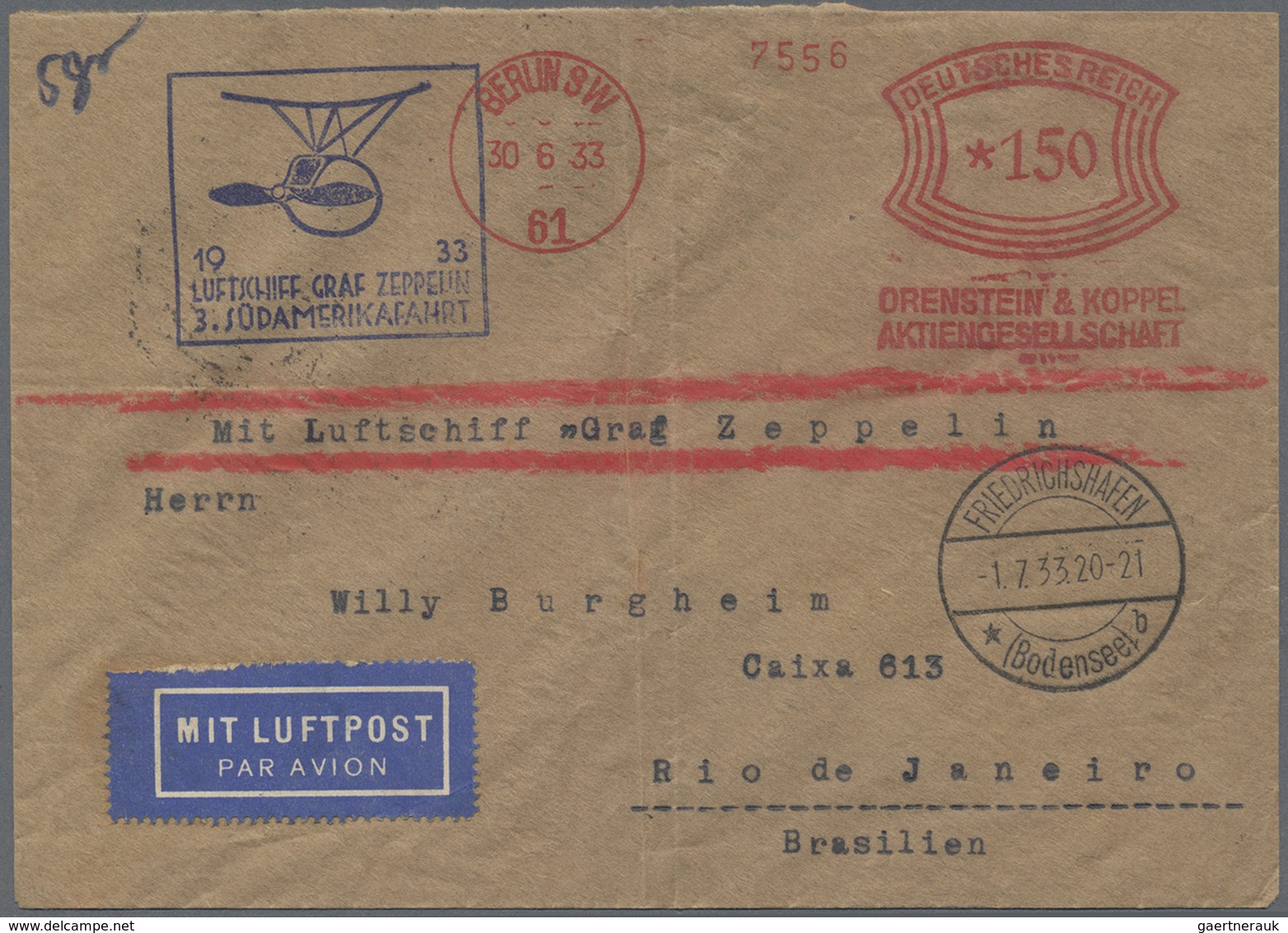 Br Zeppelinpost Deutschland: 1933, 3. Südamerikafahrt, Auflieferung Friedrichshafen, Firmenbedarfsbrief - Poste Aérienne & Zeppelin