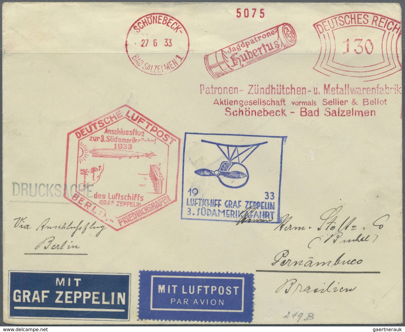 Br Zeppelinpost Deutschland: 1933, Zeppelin 3. Südamerika-Fahrt - Drucksache Mit FREISTEMPLER Der Fa. S - Luchtpost & Zeppelin