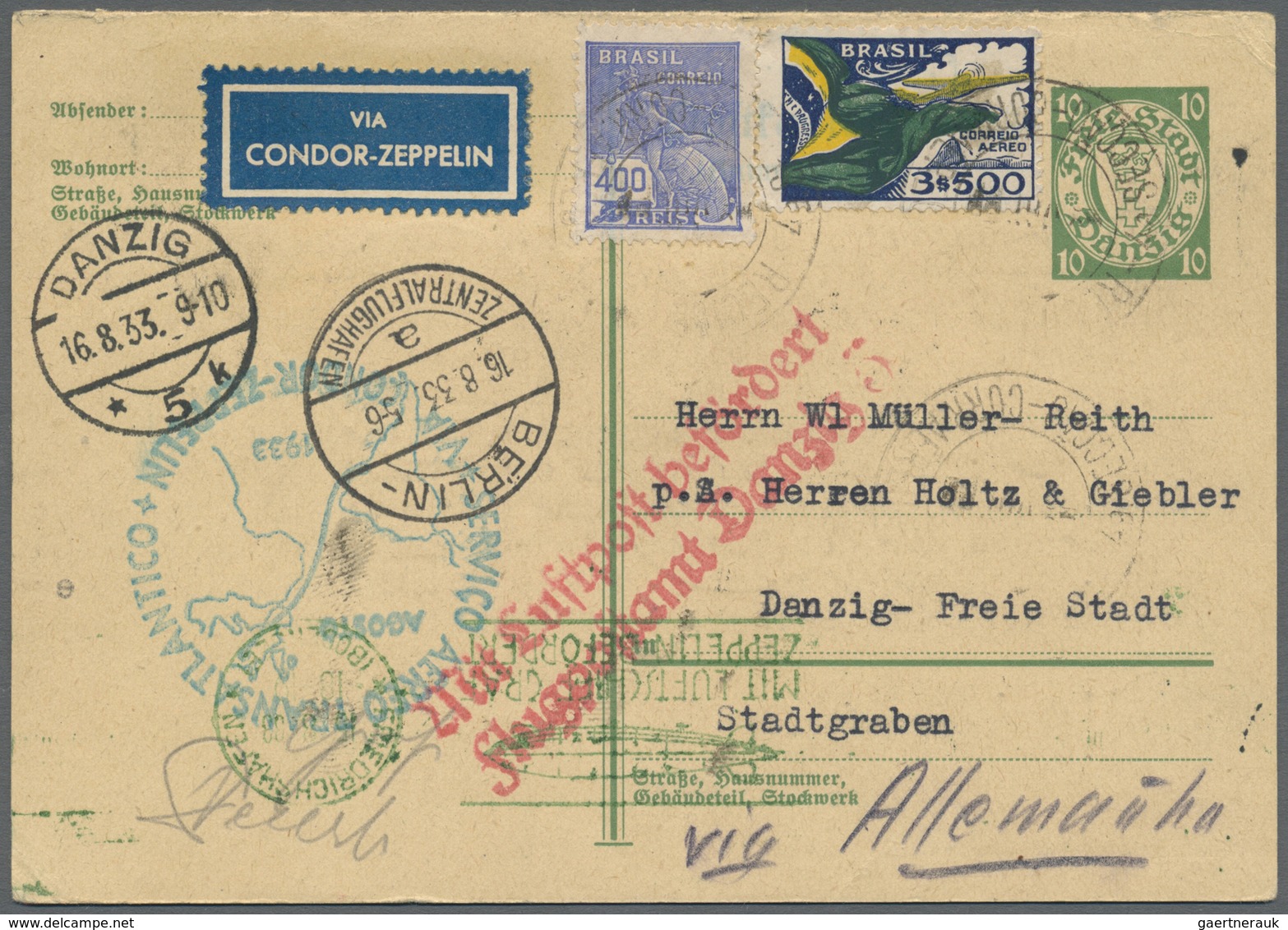 GA Zeppelinpost Deutschland: 1933: Danzig 10 PF Doppelkarte, Frageteil Mit Zusätzlich DA 194 + DR 455,4 - Poste Aérienne & Zeppelin