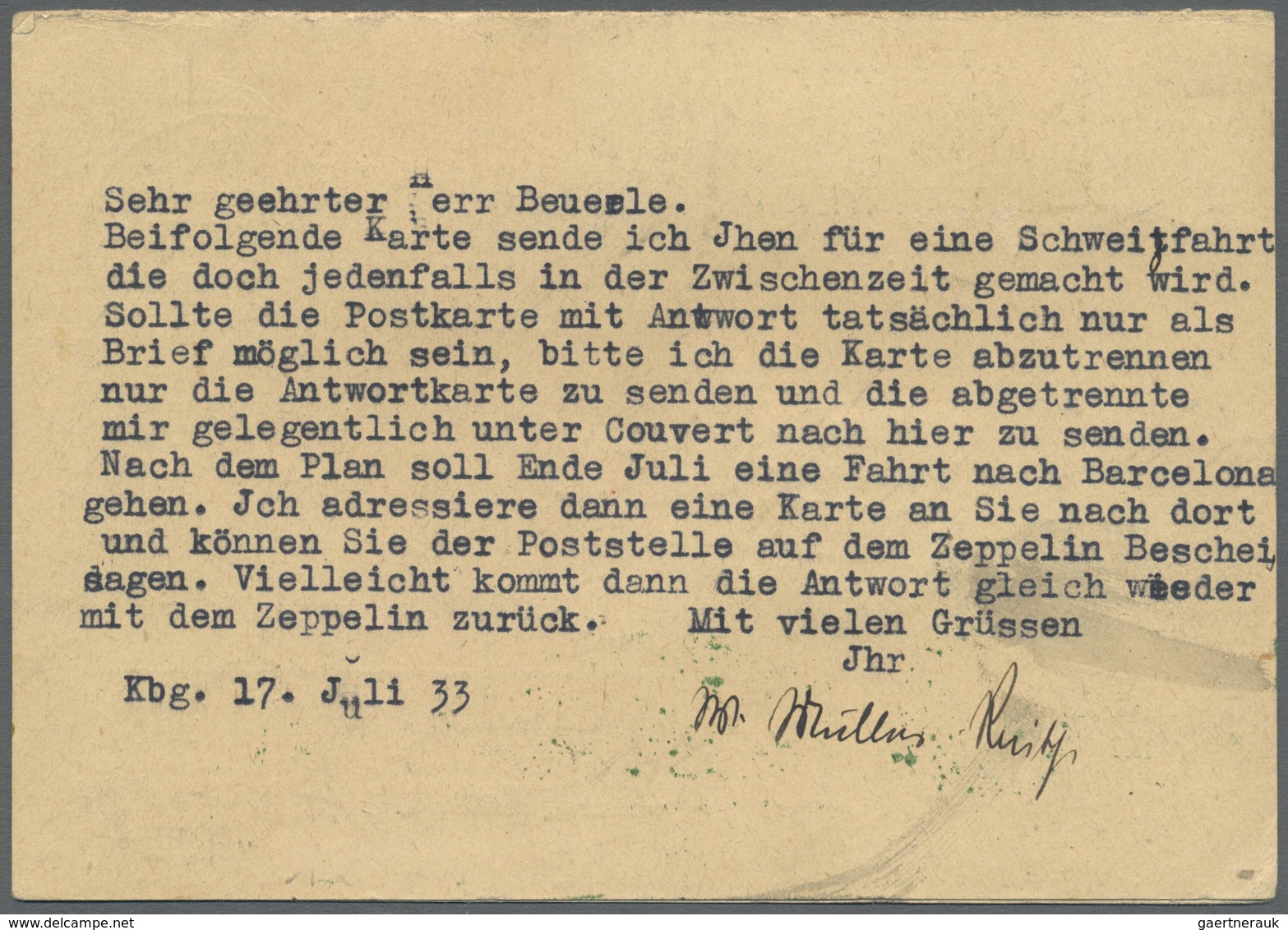 GA Zeppelinpost Deutschland: 1933: Danzig 10 PF Doppelkarte, Frageteil Mit Zusätzlich DA 194 + DR 455,4 - Luchtpost & Zeppelin