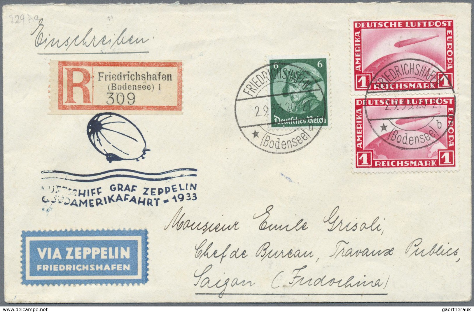 Br Zeppelinpost Deutschland: 1933: LZ 127/6. SAF 1933: R-Brief Ab Fhfn, Mi 455(2x) + 479 über Recife Mi - Poste Aérienne & Zeppelin