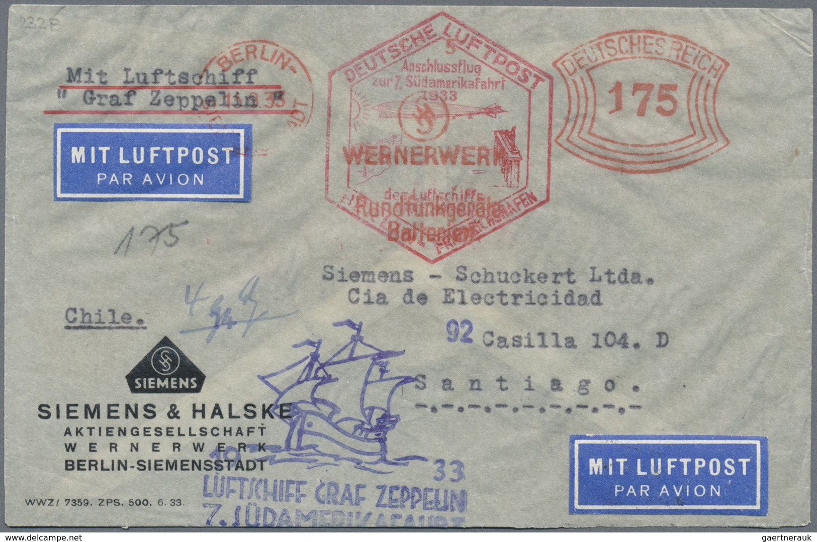Br Zeppelinpost Deutschland: 1933: LZ 127/ 7. SAF 1933/Anschlußflug Berlin: Freistemplerbrief Von Sieme - Poste Aérienne & Zeppelin