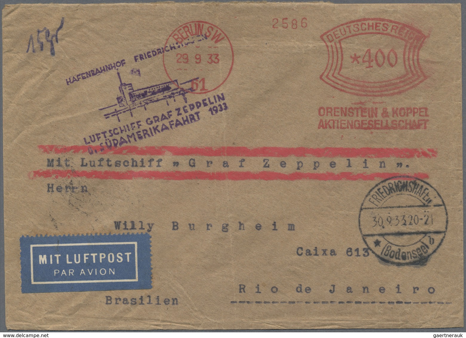 Br Zeppelinpost Deutschland: 1933, 8. Südamerikafahrt, Auflieferung Friedrichshafen, Firmenbedarfsbrief - Poste Aérienne & Zeppelin