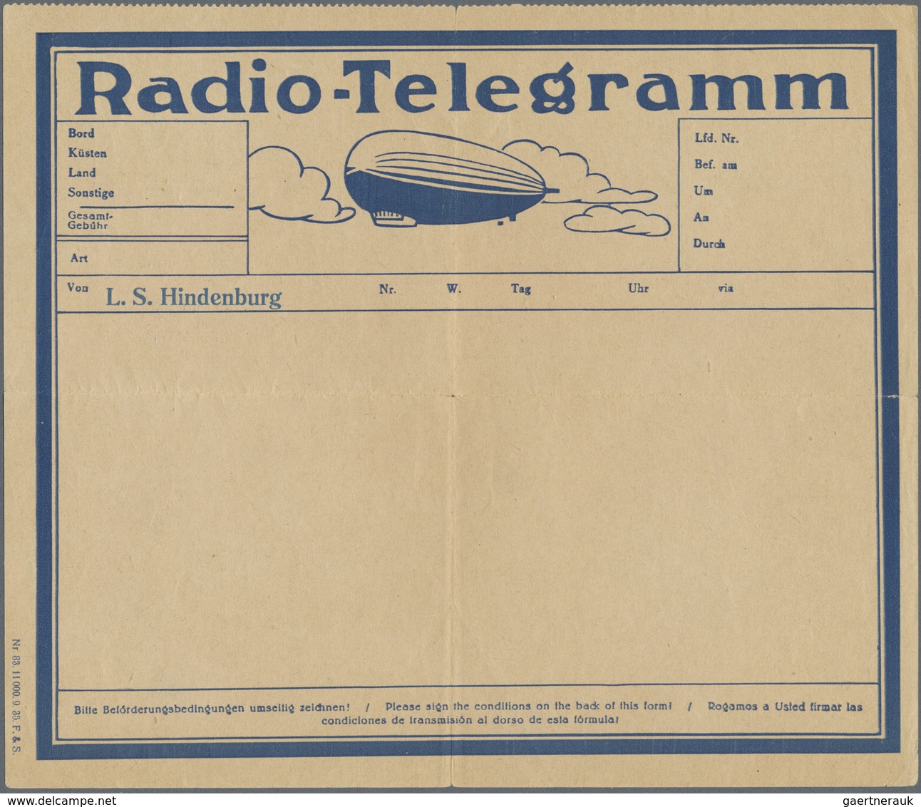 Br Zeppelinpost Deutschland: 1935, Radio-Telegramm Mit Abb. Zeppelin Und Inschrift "L.S. Hindenburg, Un - Poste Aérienne & Zeppelin