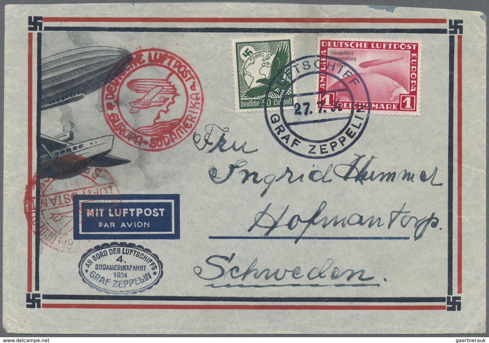 Br Zeppelinpost Deutschland: 1934, 4. Südamerikafahrt, Bordpost Der Rückfahrt Vom 27.7. Mit Bordstempel - Poste Aérienne & Zeppelin