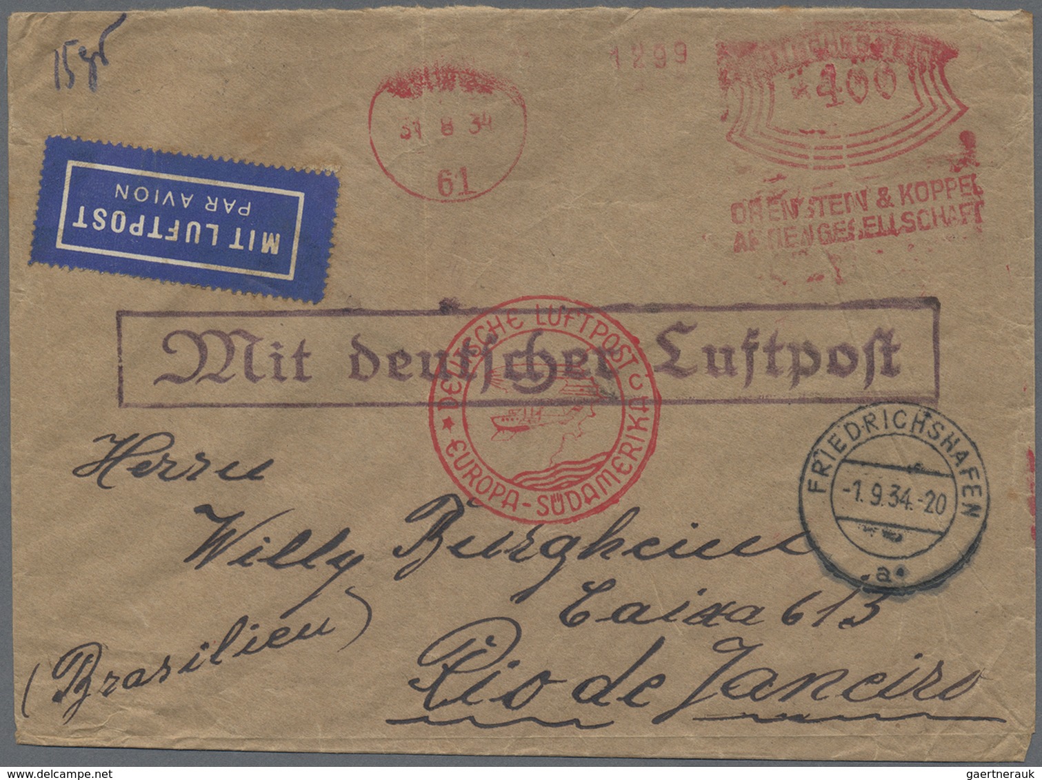 Br Zeppelinpost Deutschland: 1934, 7. Südamerikafahrt, Auflieferung Friedrichshafen Mit Best.-Stempel " - Luchtpost & Zeppelin