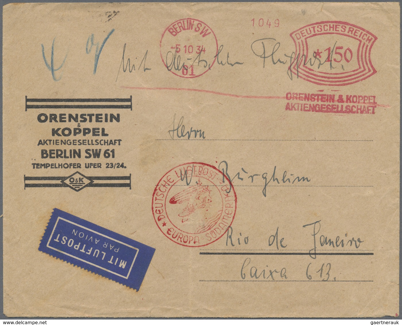 Br Zeppelinpost Deutschland: 1934, 10. Südamerikafahrt, Anschlußflug Berlin Mit Best.-Stempel "a", Firm - Poste Aérienne & Zeppelin