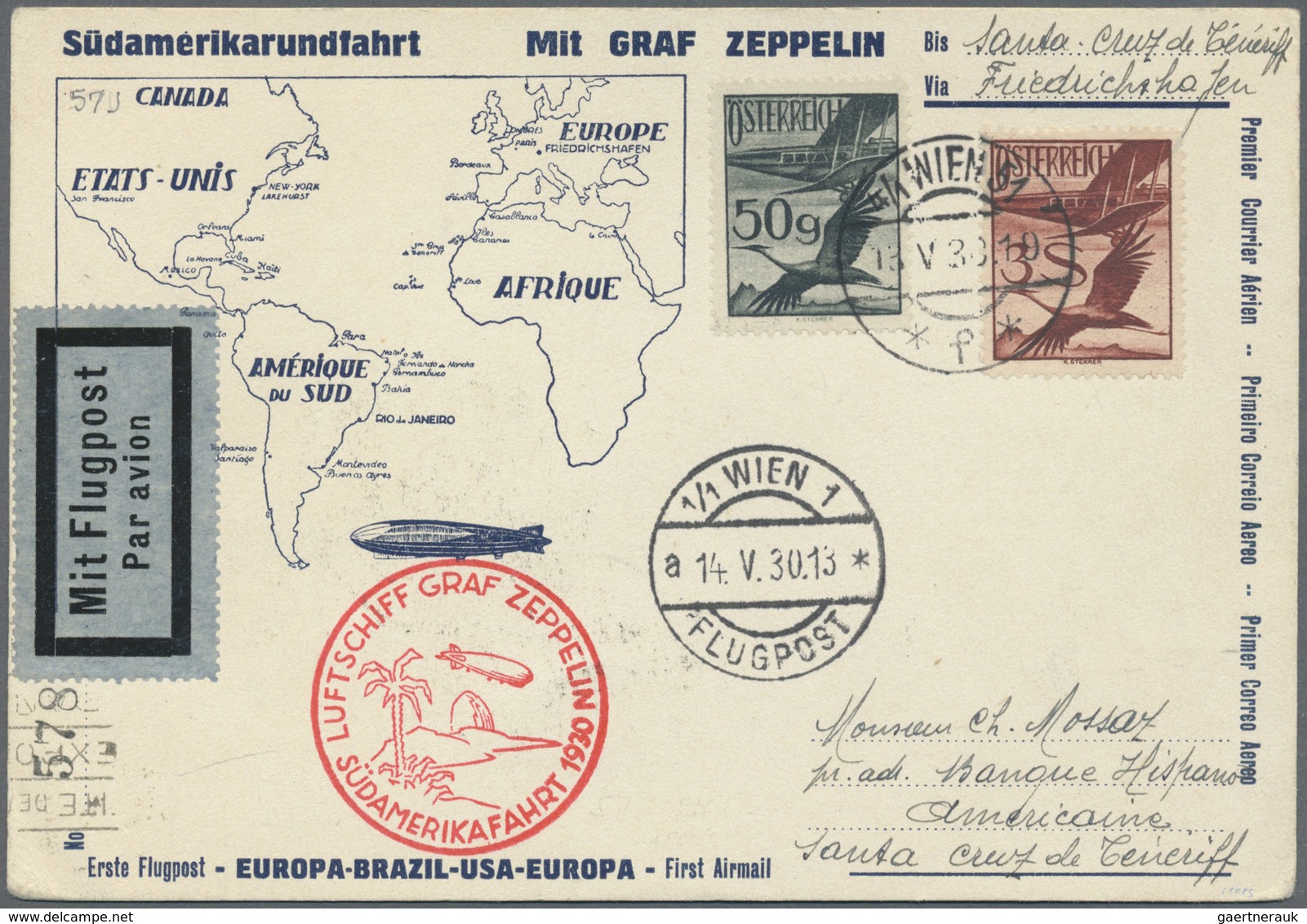 Br Zeppelinpost Europa: 1930: ÖSTERREICH/ SAF 1930: Luxus-SAF-Zierpostkarte, Etappe FHFN-Santa Cruz Mit - Autres - Europe