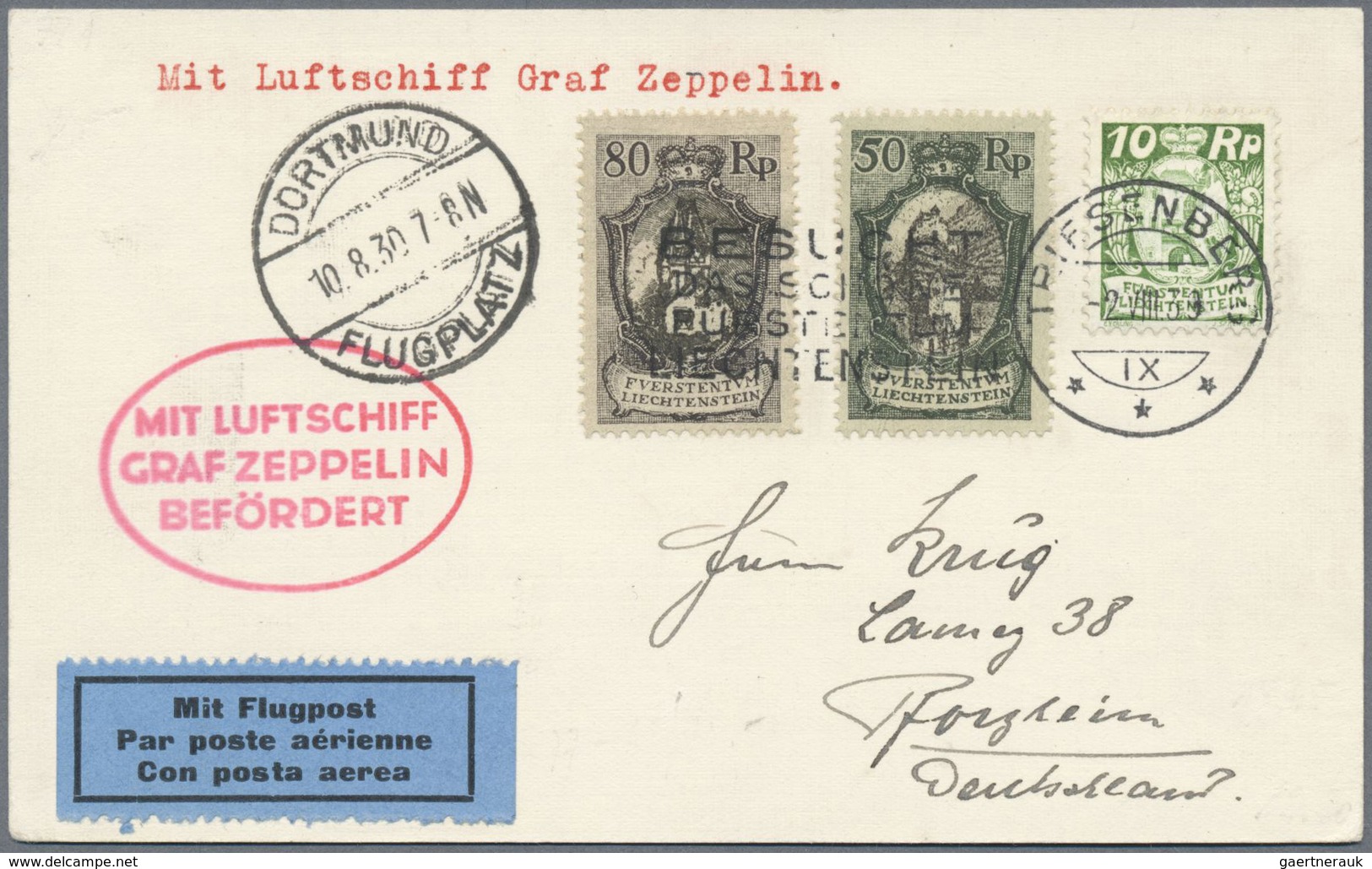 Br Zeppelinpost Europa: 1930: LIECHTENSTEIN/DORTMUND-Fahrt: Dekorative Vertragstaatenkarte Ab Triesenbe - Autres - Europe