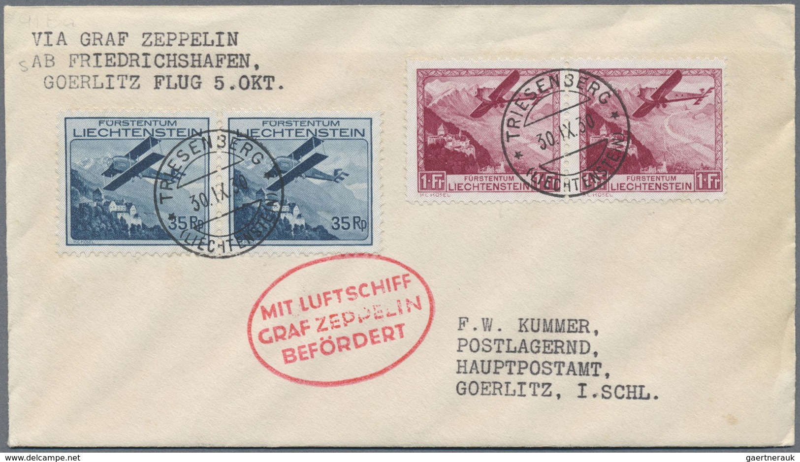 Br Zeppelinpost Europa: 1930: LIECHTENSTEIN/Görlitz-Fahrt: Luxusbrief Mit Flugmarken Mi 113 (2x), 111(2 - Europe (Other)