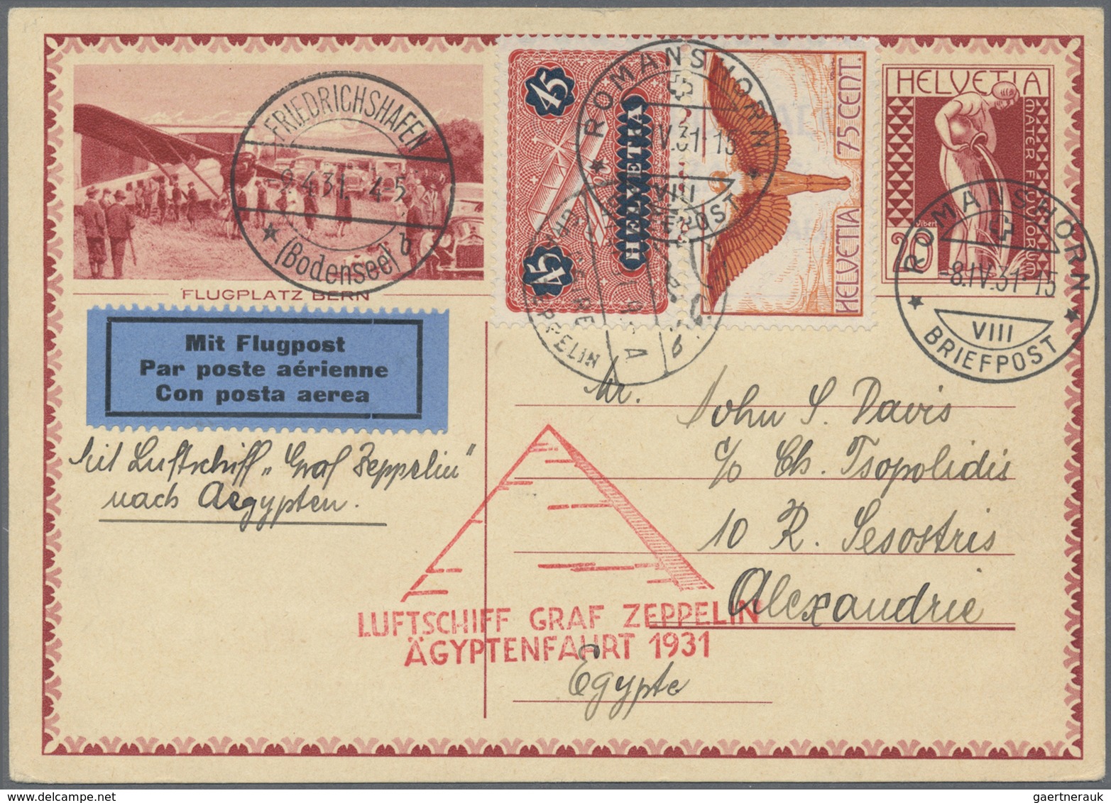 GA Zeppelinpost Europa: Schweiz: 1931, Ägypten-Fahrt, 20 C. Bild-Ganzsachenkarte Mit Luftpost-Zufrankat - Autres - Europe