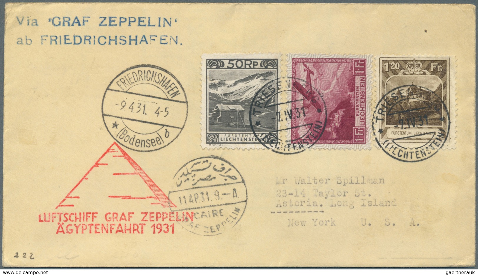 Zeppelinpost Europa: 1931, Liechtenstein-Ägyptenfahrt 1 Fr., 1.20 Fr. Und 50 Rp. (Mi.Nr.: 113, 105 U - Andere-Europa