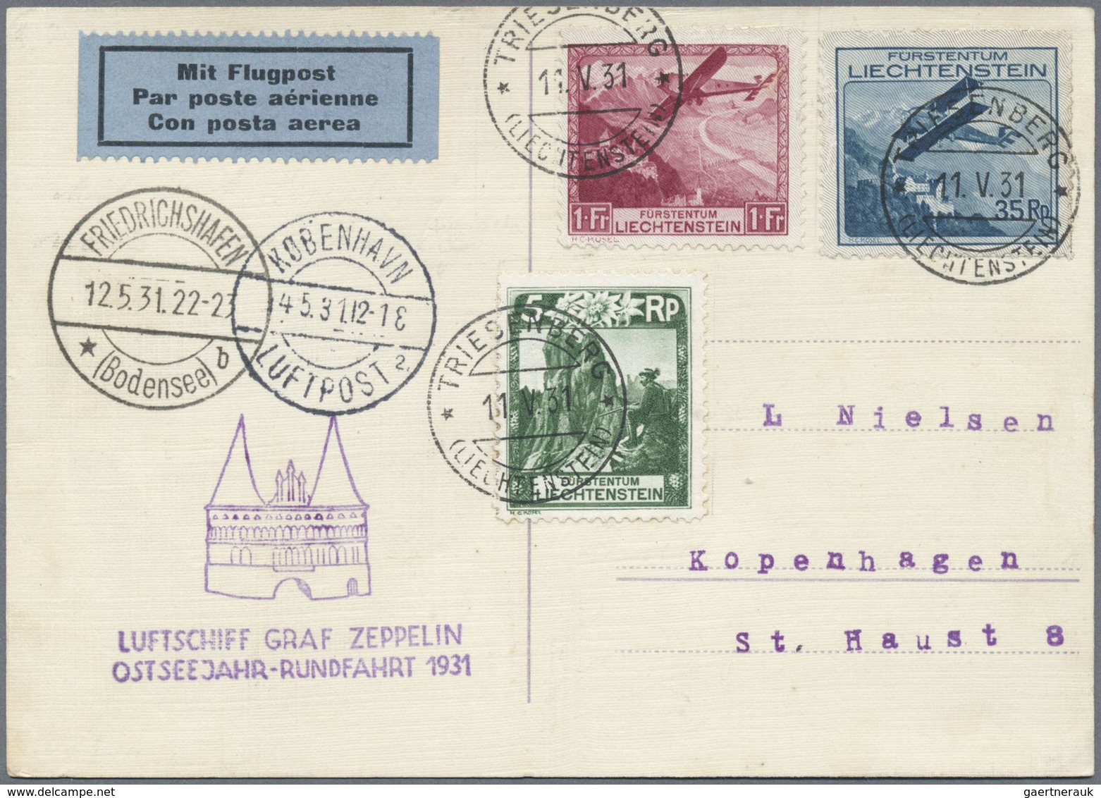 Br Zeppelinpost Europa: 1931: LIECHTENSTEIN/OSTSEEJAHR-Rundfahrt: Abwurfkarte Kopenhagen Mit Flugmarken - Autres - Europe