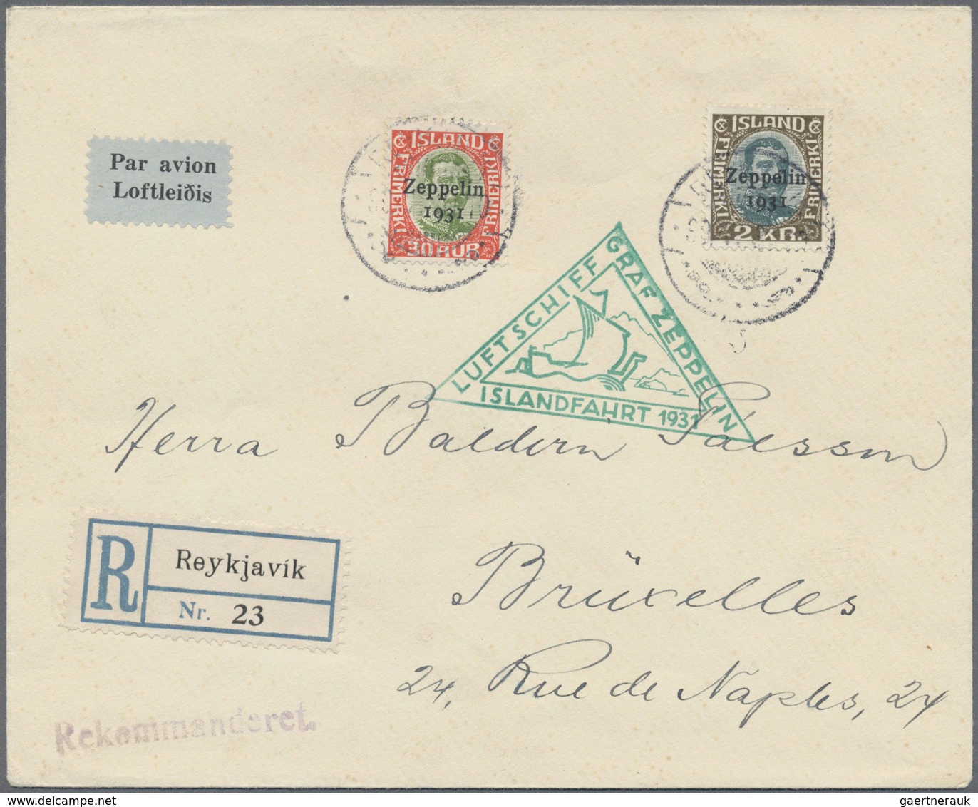 Br Zeppelinpost Europa: Island: 1931, Islandfahrt, 2 Kr. Und 30 Aur. Sondermarken Auf R-Brief Mit Allen - Andere-Europa
