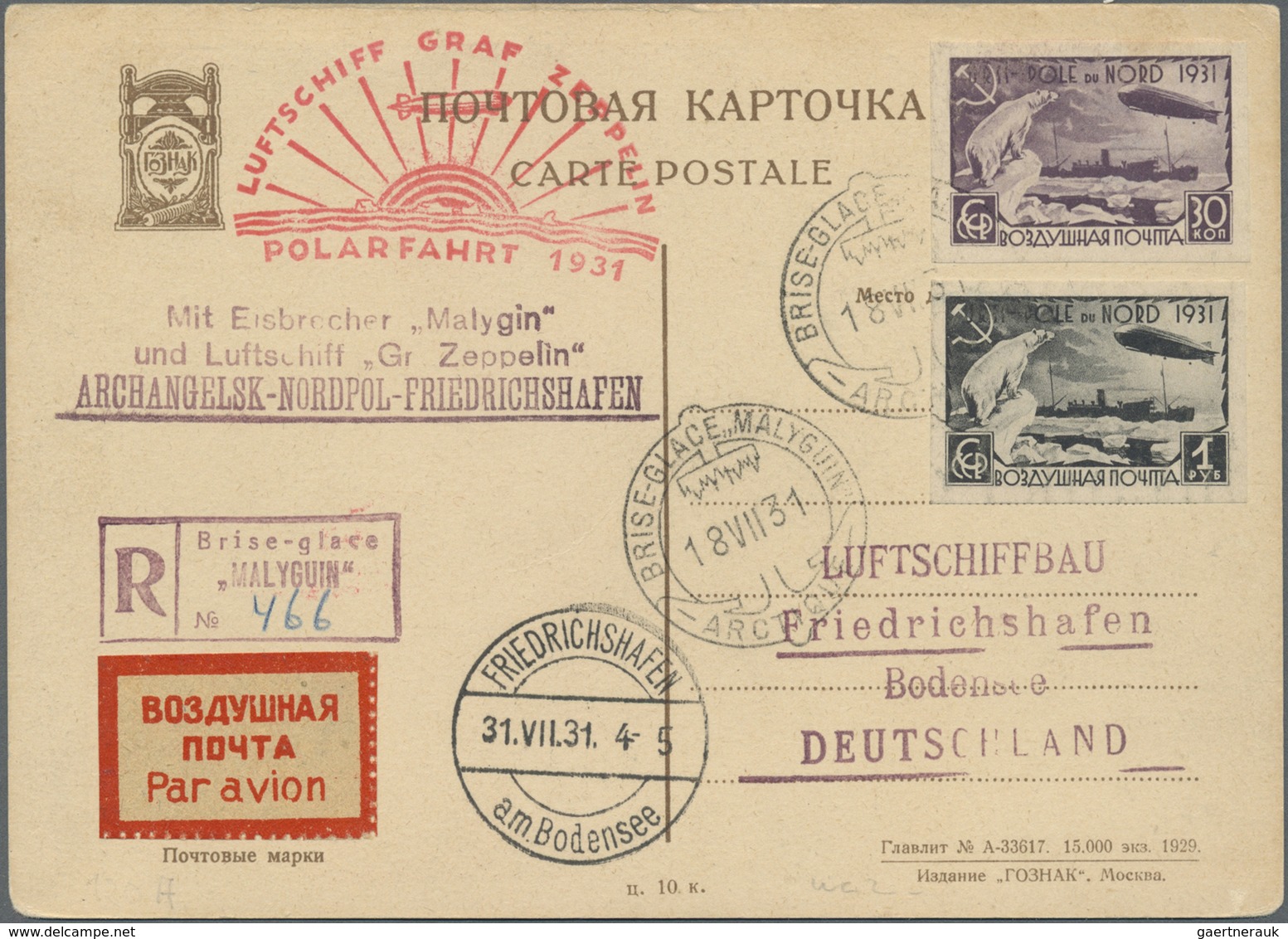 Br Zeppelinpost Europa: 1931, Zeppelin-R-Karte Mit UDSSR Michel-Nummer 397 Und 401 Von Malygin Nach Fri - Autres - Europe