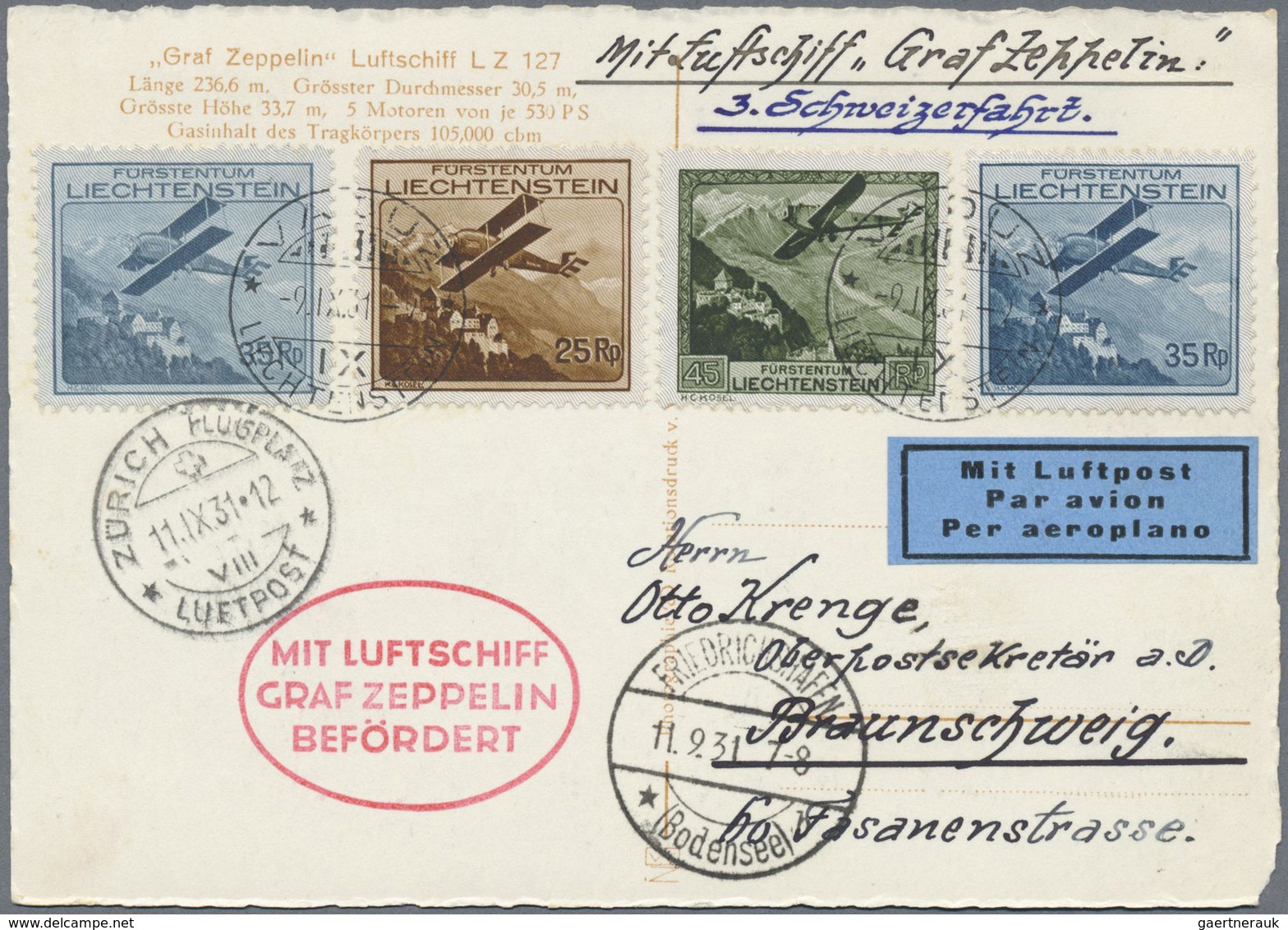 Br Zeppelinpost Europa: 1931: LIECHTENSTEIN/Zürichfahrt: Abrufkarte Zürch Mit Herrlicher Flugmarken-Fra - Andere-Europa