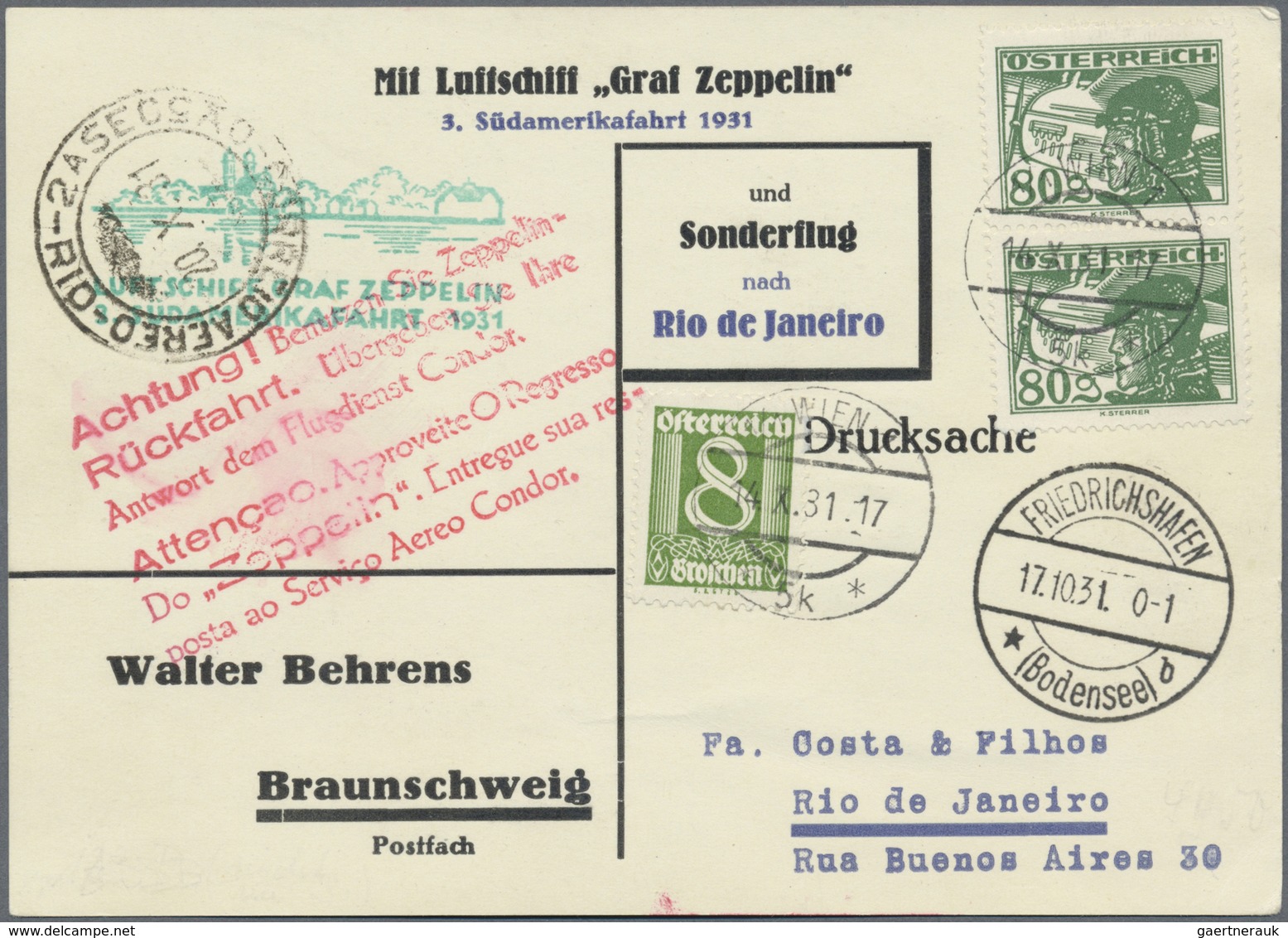 Br Zeppelinpost Europa: Österreich, 3. Südamerikafahrt 1931, Drucksachen-Karte Ab WIEN / 14.X.31 Mit 8 - Autres - Europe