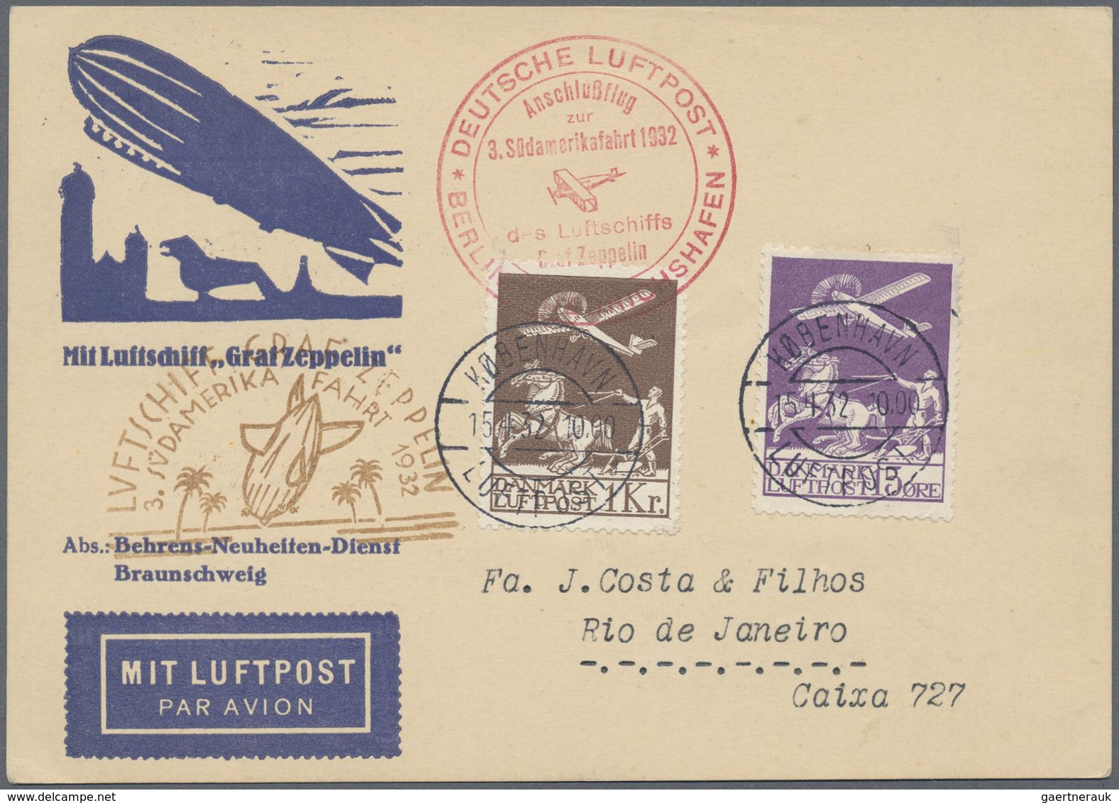 Br Zeppelinpost Europa: 1932, DÄNEMARK: Postkarte Mit Flugpostmarken 1 Kr. Braun + 15 Öre Violett Von K - Andere-Europa