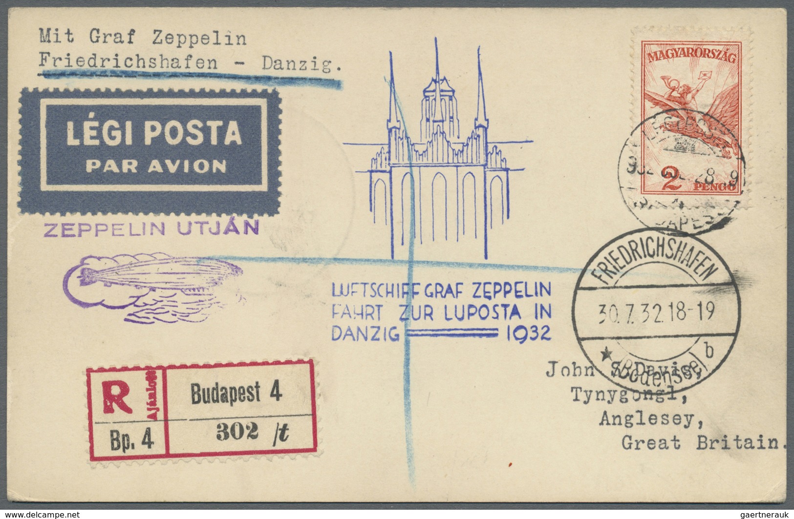 Br Zeppelinpost Europa: Luftpostfahrt 1932, Ungarische Post, R-Karte Nach Großbritannien, Sehr Selten - Andere-Europa