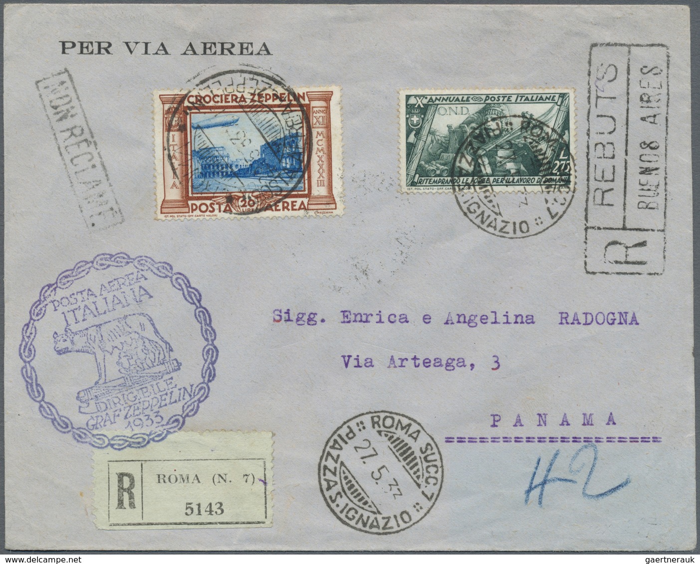 Br Zeppelinpost Europa: 1933: ITALIEN Zeppelin 20 Lire + Zusatzfrankatur, Auf R-Brief Ab Rom Nach Panam - Autres - Europe