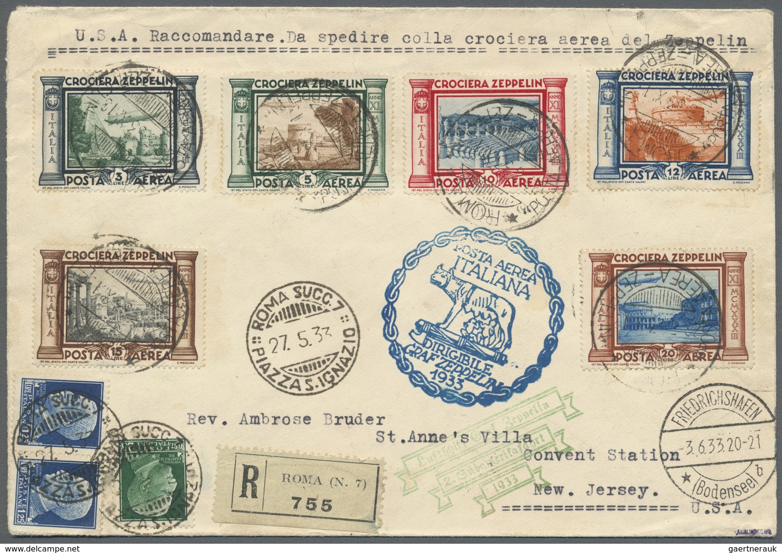 Br Zeppelinpost Europa: Italien 1933, ITALIENFAHRT, Pracht-R-Brief Mit Kompl. Zeppelinsatz Und Zusatzfr - Sonstige - Europa