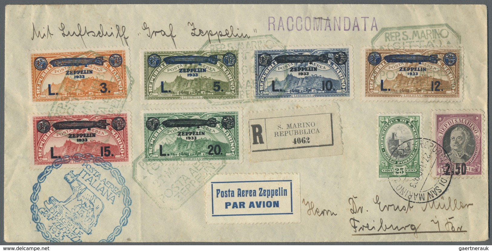 Br Zeppelinpost Europa: Italienfahrt 1933, San-Marino-Post, R- Brief M. Mi. Nr. 192/97 Und Zusatzfranka - Autres - Europe