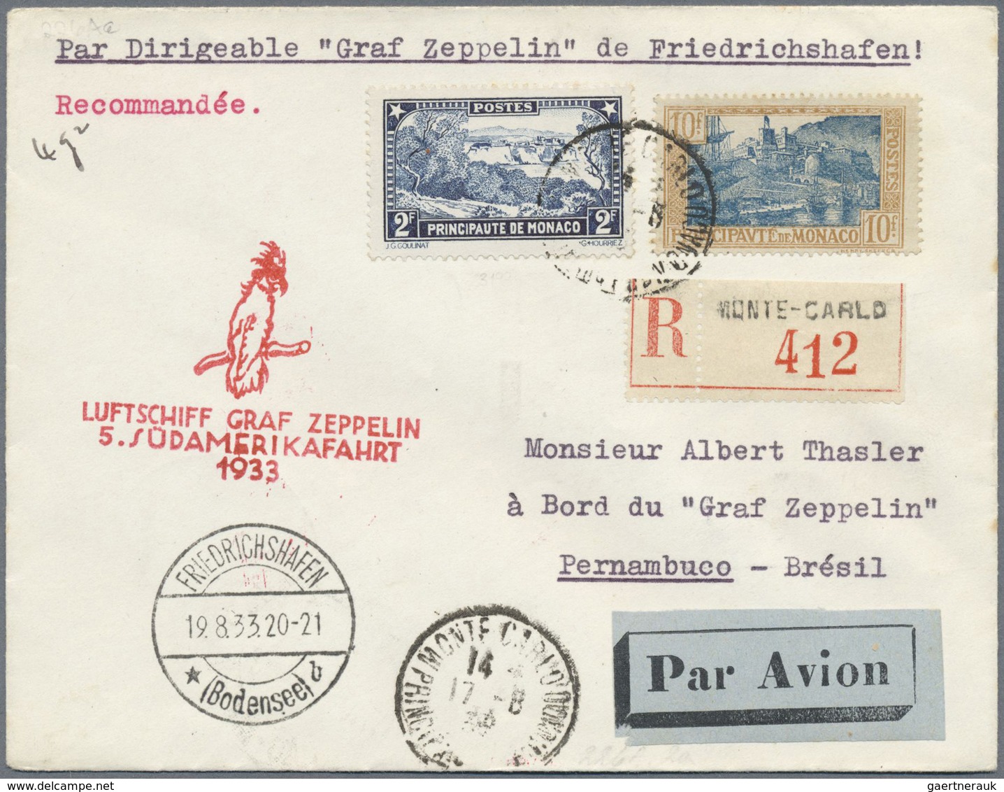 Br Zeppelinpost Europa: 1933: MONACO/5. SAF 1933. Reco-Vertragstaatenbrief, Mi 103 + 131 über FHFN Nach - Autres - Europe