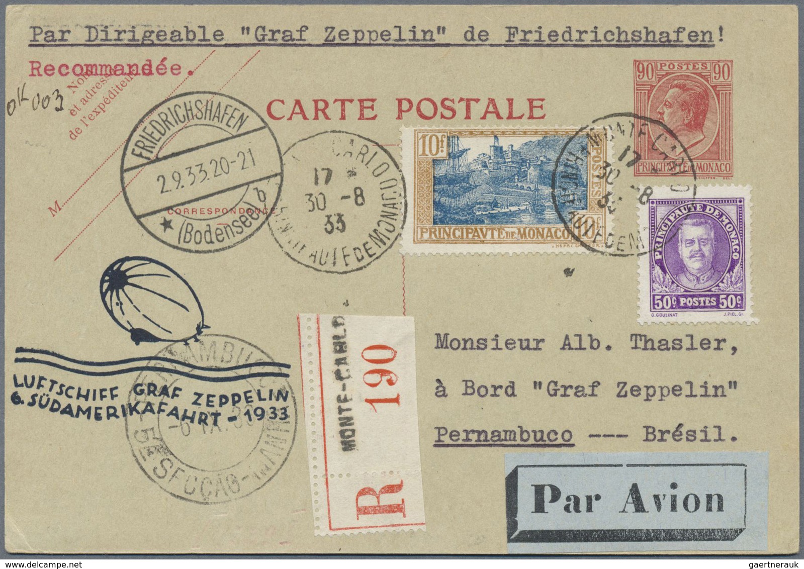 GA Zeppelinpost Europa: 1933: MONACO/6. SAF 1933. Reco-Vertragstaatenkarte Als 90 C GSK Mit Zusatzfrank - Andere-Europa