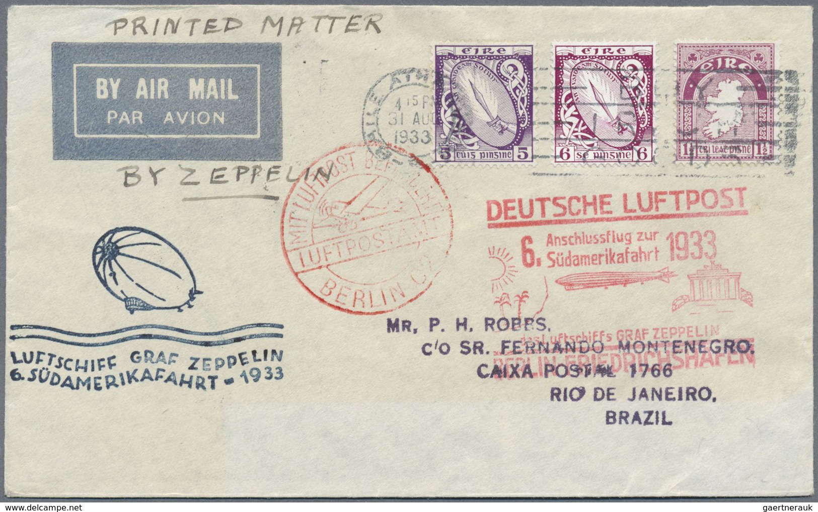 Br Zeppelinpost Europa: 1933: IRELAND / 6th SAF 1933: Decorative Letter "Anschlußflug Berlin" With Thre - Andere-Europa