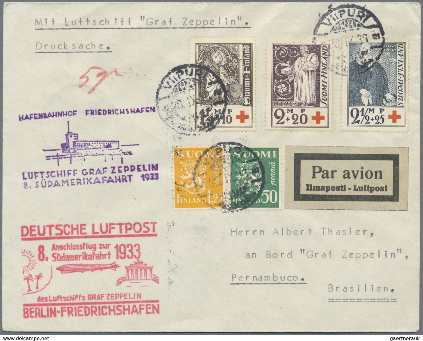 Br Zeppelinpost Europa: 1933: FINNLAND / 8. SAF 1933 / Anschlußflug Berlin. Drucksache Mit Seltenem Auf - Andere-Europa