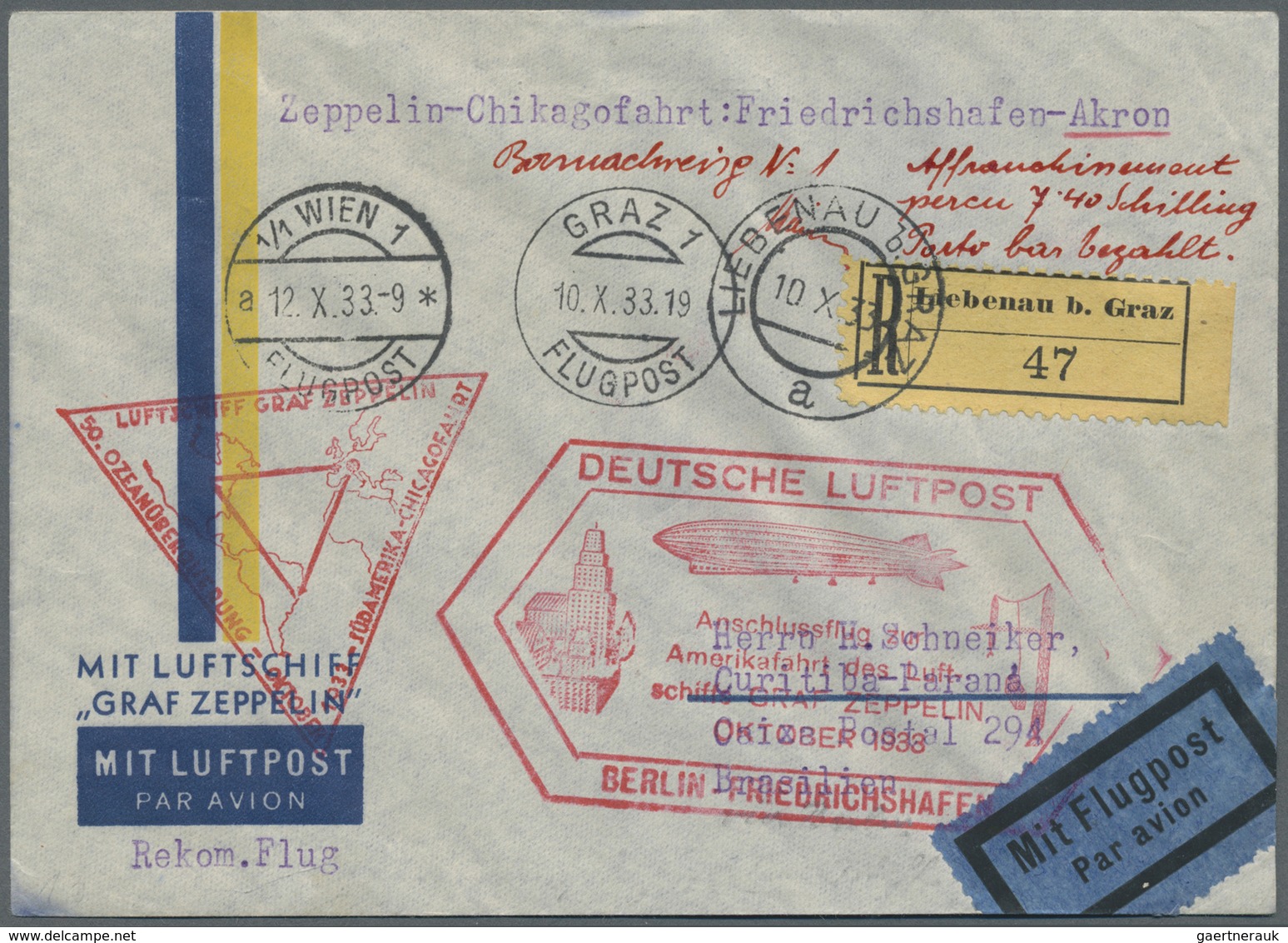 Br Zeppelinpost Europa: 1933, AUSTRIA/LZ 127 CHICAGOFLIGHT: Leg FRIEDRICHSHAFEN-AKRON. One Of The 4 In - Autres - Europe