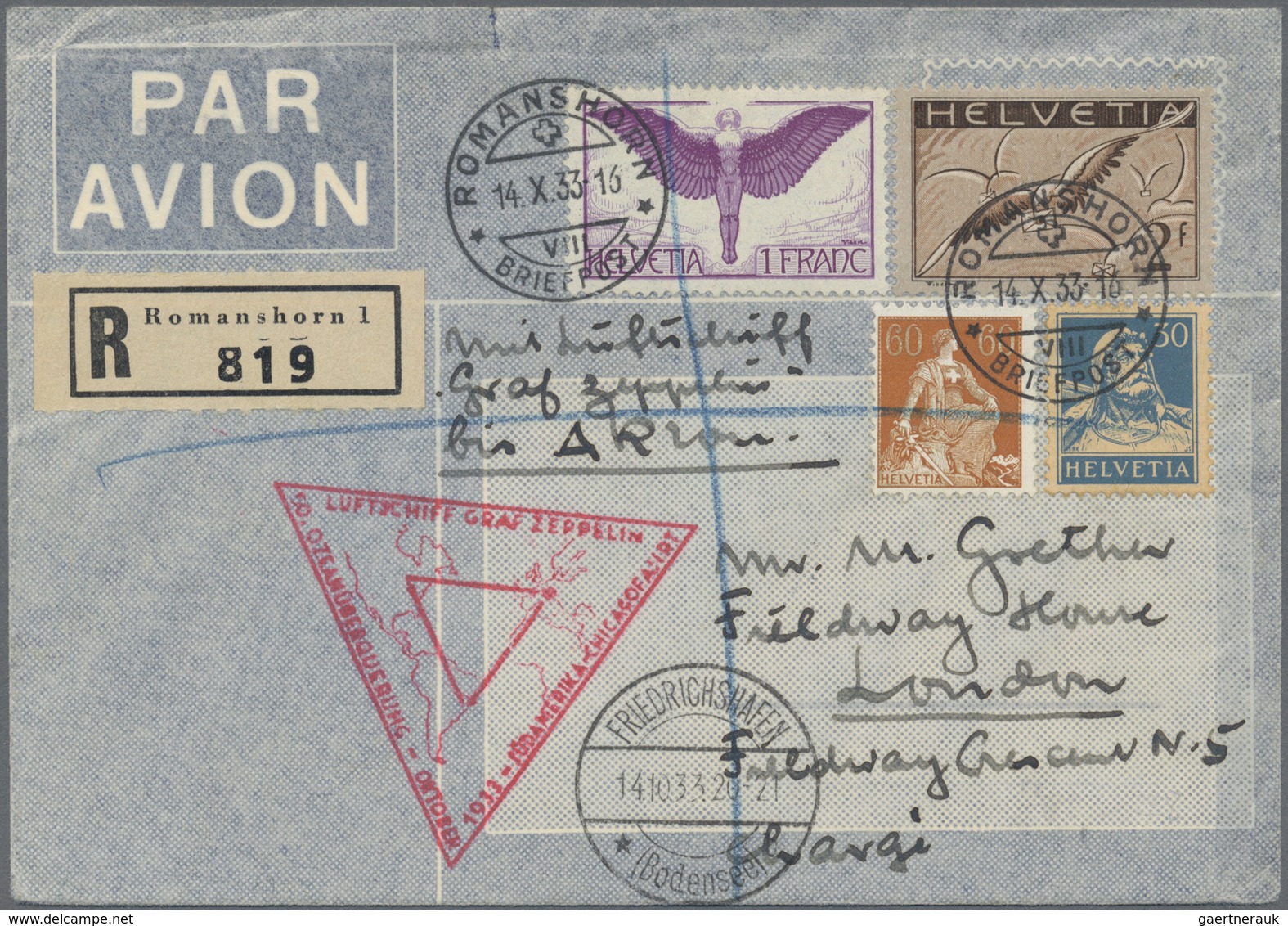 Br Zeppelinpost Europa: 1933, Chicagofahrt, Schweizer Post, R-Brief Mit Besserer Frankatur, Aufgabestem - Autres - Europe