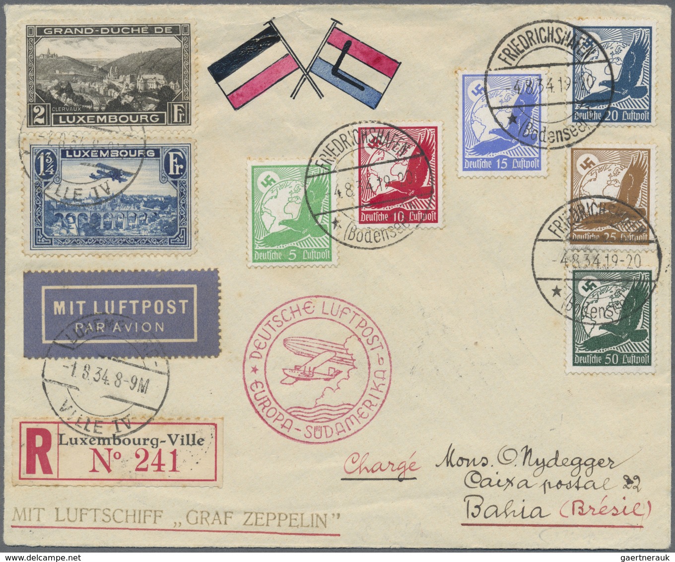 Br Zeppelinpost Europa: Luxemburg: 1934, 5. Südamerikafahrt, Auflieferung Friedrichshafen, R-Brief Aus - Andere-Europa