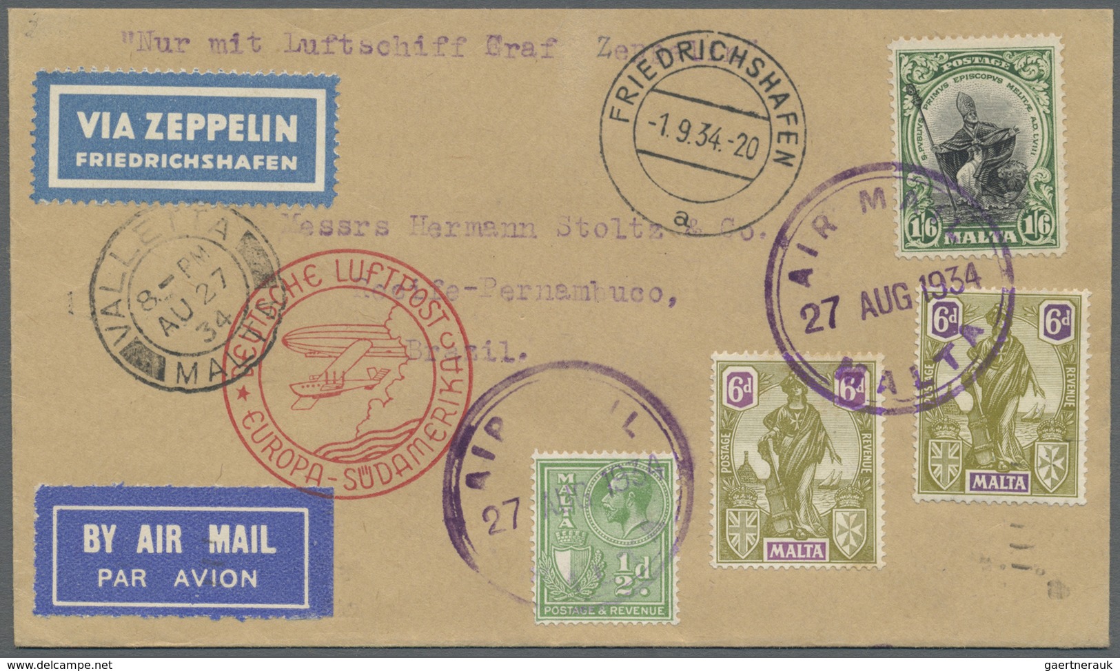 Br Zeppelinpost Europa: 1934, 271 A MALTA/7.SAF 1934: Dekorativer Brief Mit 4 Marken Buntfrankatur über - Sonstige - Europa
