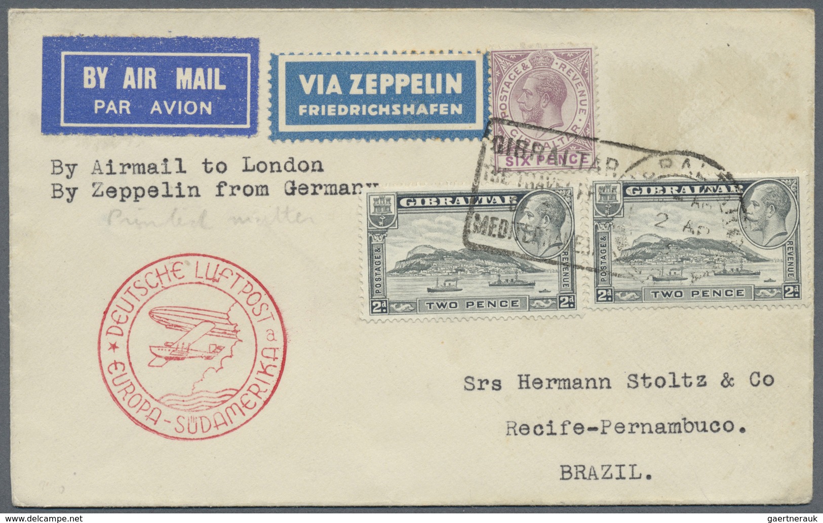 Br Zeppelinpost Europa: 1935, GIBRALTAR / 1.SAF 1935, Nachbringeflug-Brief ("a") Als Drucksache Nach Re - Autres - Europe