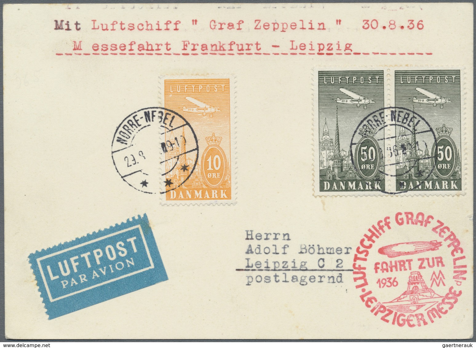 Br Zeppelinpost Europa: 1936, DÄNEMARK / Leipziger Messe Fahrt. Karte Ab "Norre-Nebel 29.8.36" Mit Inte - Autres - Europe