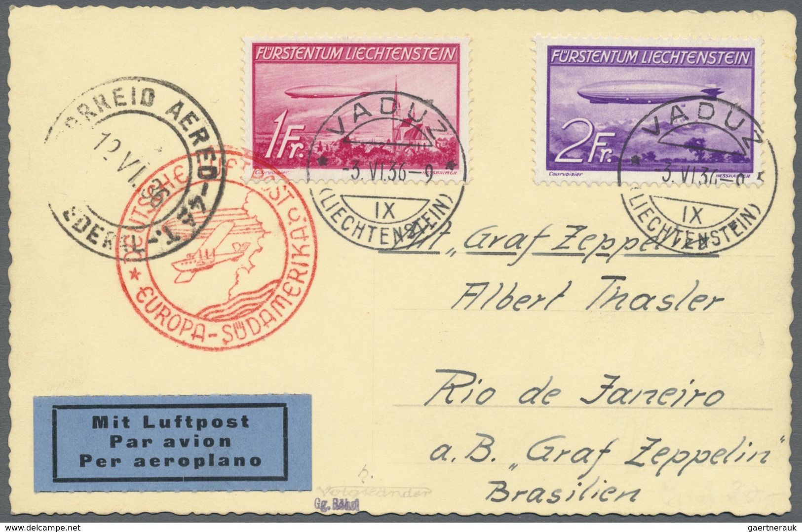 Br Zeppelinpost Europa: Liechtenstein, Flugpost 1936, 1 Fr. Und 2 Fr. Luftpostausgabe Auf Zeppelinkarte - Autres - Europe