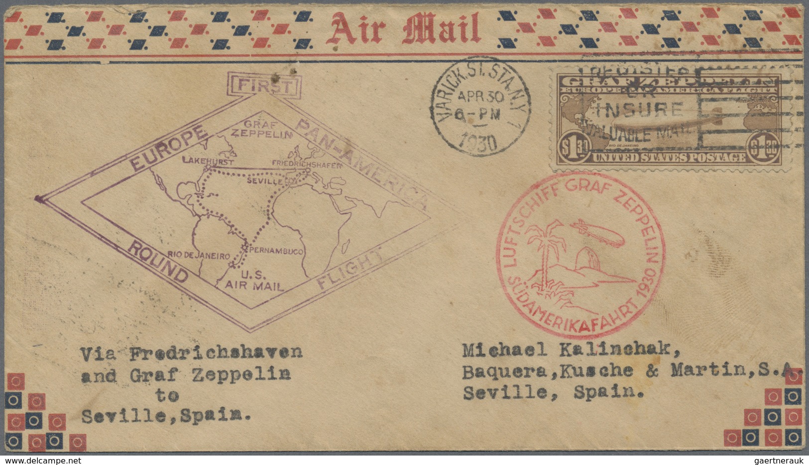 Br Zeppelinpost Übersee: 1930, 1.30$ Zeppelin-stamp On Cover From Varick/N.Y. Via Friedrichshafen To Se - Zeppelins