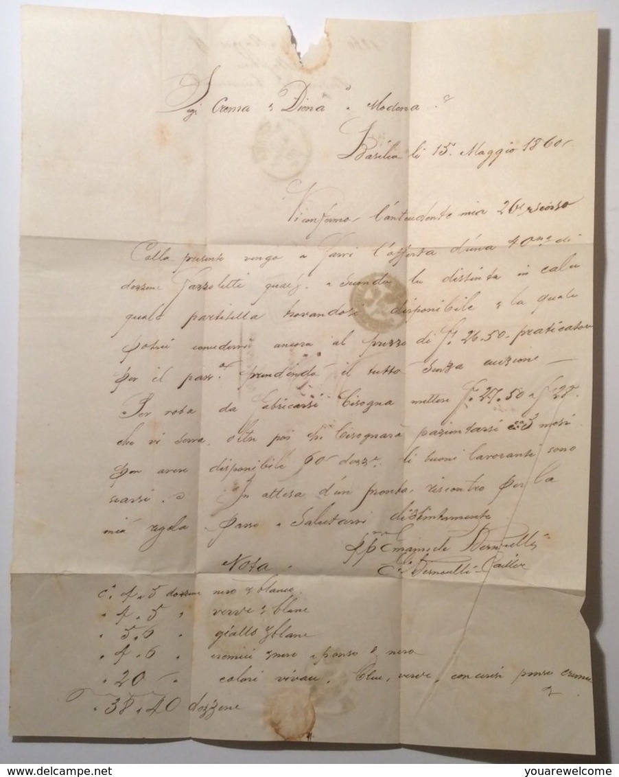 BASEL 15 MAI 1860 40 Rp Brief > MODENA RR ! (Schweiz Suisse Strubel Italia Cover Lettre Lettera Ducato Di Modena - Cartas & Documentos