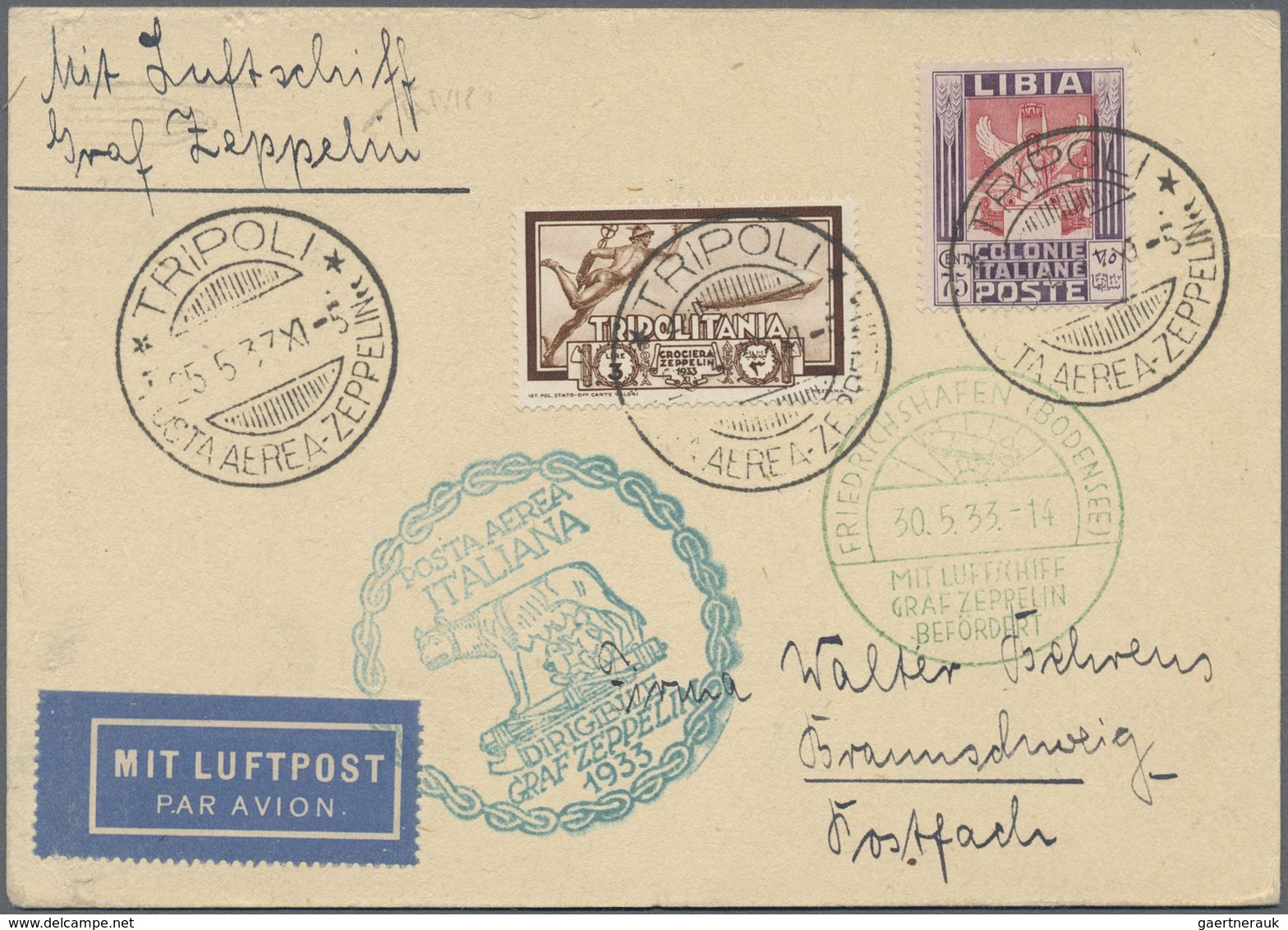 Br Zeppelinpost Übersee: 1933, ITALIENISCH-TRIPOLITANIEN: Postkarte Mit Zeppelinmarke 3 L. Sowie Freima - Zeppelins