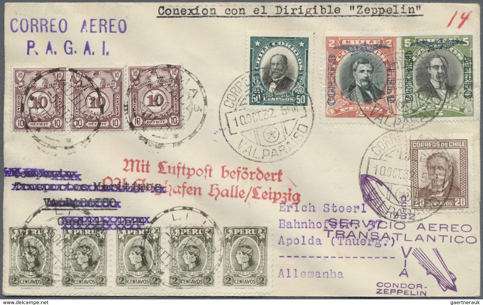 Br Zeppelinpost Übersee: 1932: PERU, Lima: 8 Marken Zuleitungspost Nach Valparaiso (Chila). Von Dort Mi - Zeppelins