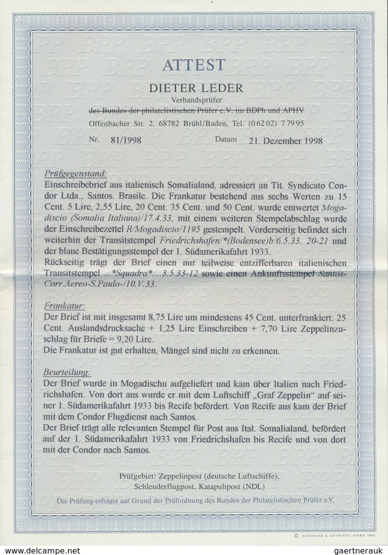 Br Zeppelinpost Übersee: 1933: ITALIENISCH SOMALILAND. Seltene ZEPPELIN-ERSTPOST Der 1. SAF 1933. Einzi - Zeppelins