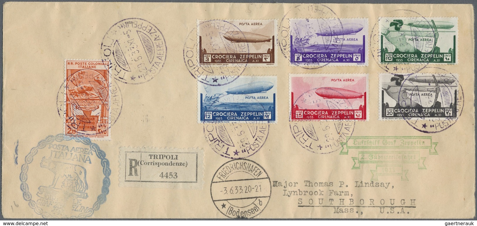 Br Zeppelinpost Übersee: 1933: CYRENAICA Complete Zeppelin Set + Add. Franking On Registered Letter Fro - Zeppelins