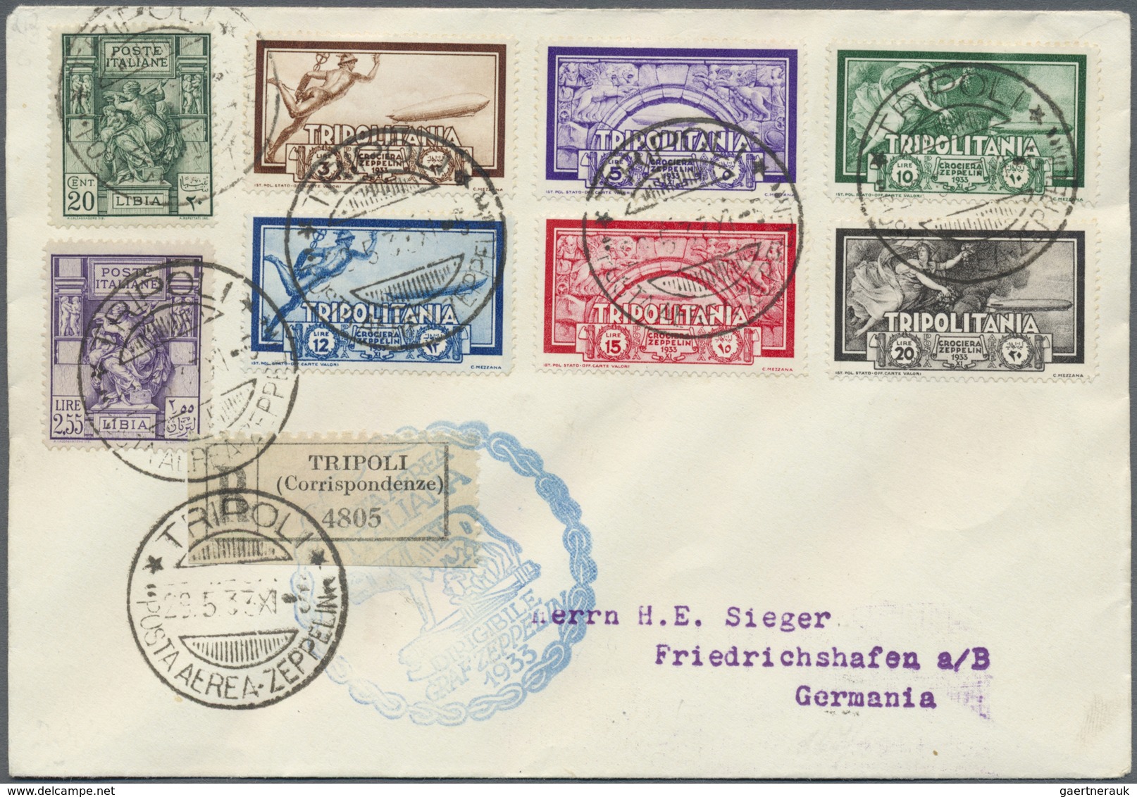 Br Zeppelinpost Übersee: 1933: TRIPOLITANIA 3 - 20 Lire Complete Set + Additional Franking On Registere - Zeppelins
