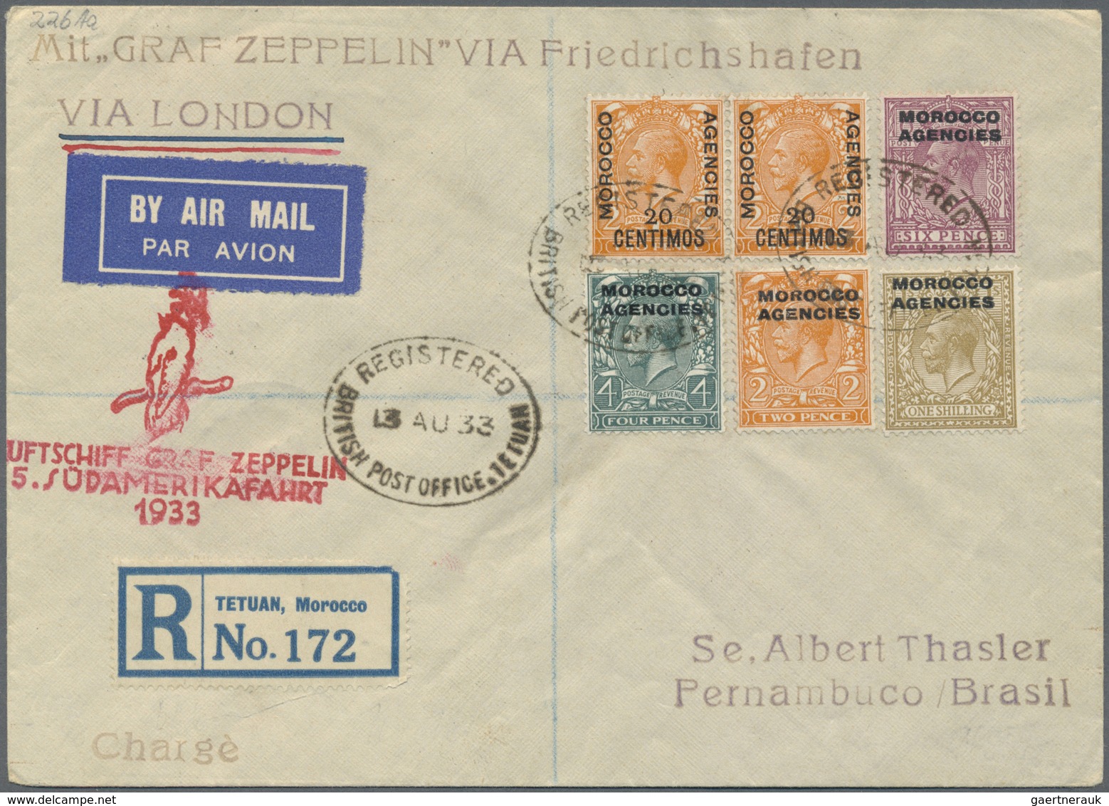 Br Zeppelinpost Übersee: 1933: BRIT. POST MAROKKO, Span. Zone, TETUAN / 5. SAF 1933. Hoch Dekorativer R - Zeppeline
