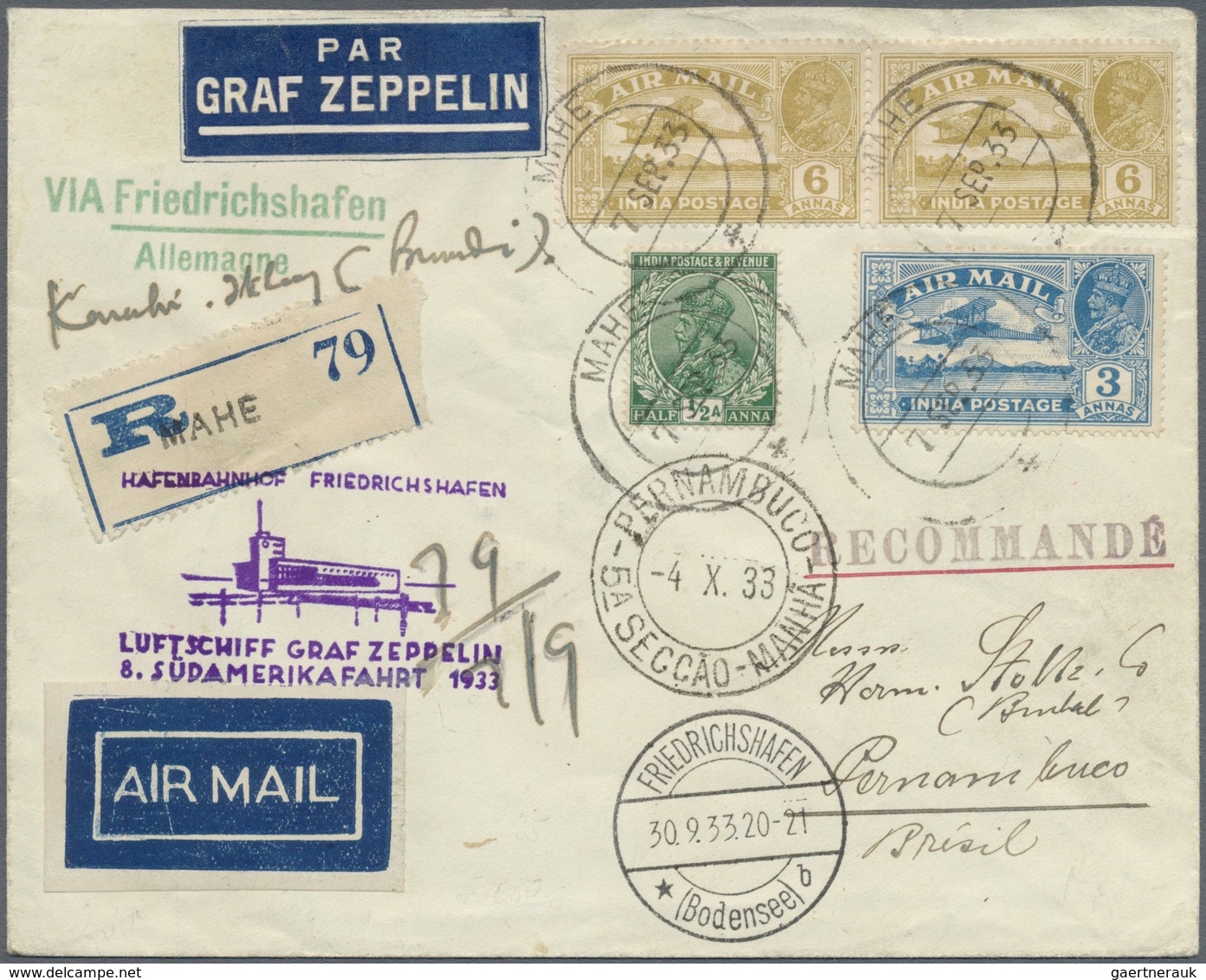 Br Zeppelinpost Übersee: 1933: Br. India/Seychelles/ 8. SAF 1933: R-Brief From MAHE (Seychellen, RARE!) - Zeppelins